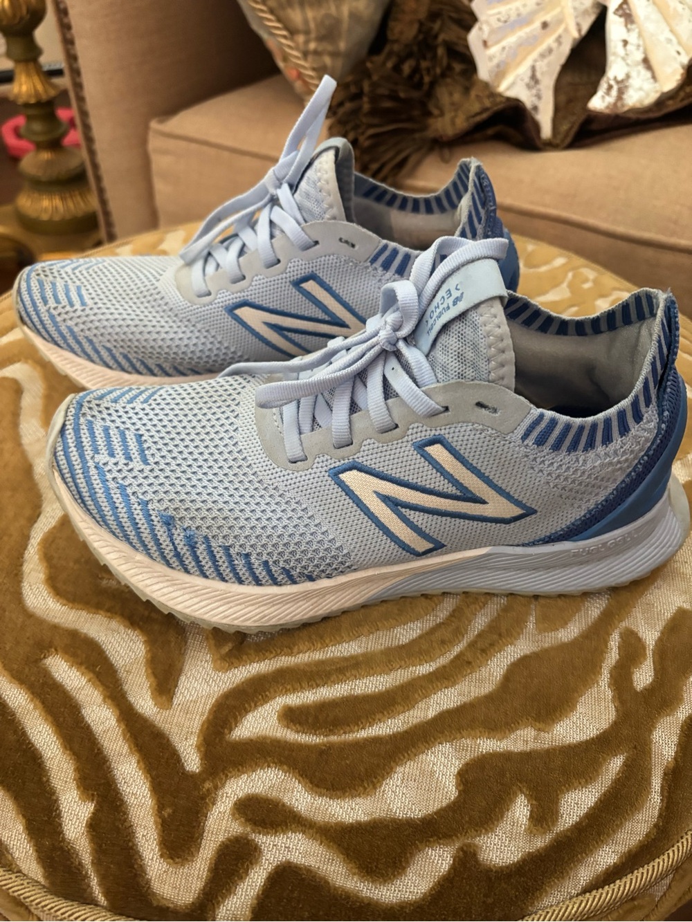 New Balance Pale Blue and Navy Knit Running Sneakers